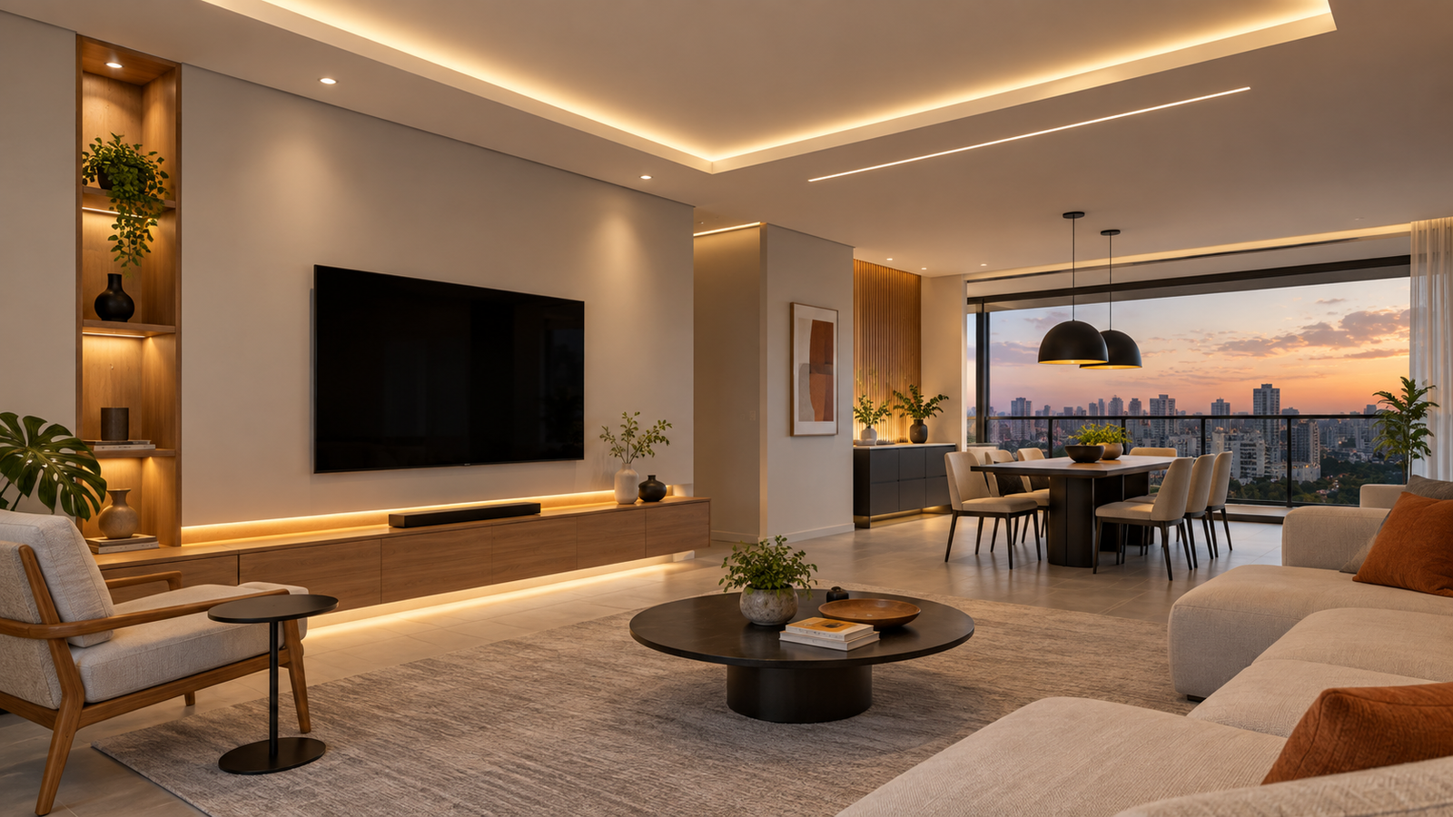 Sala finalizada com paredes e forro em drywall