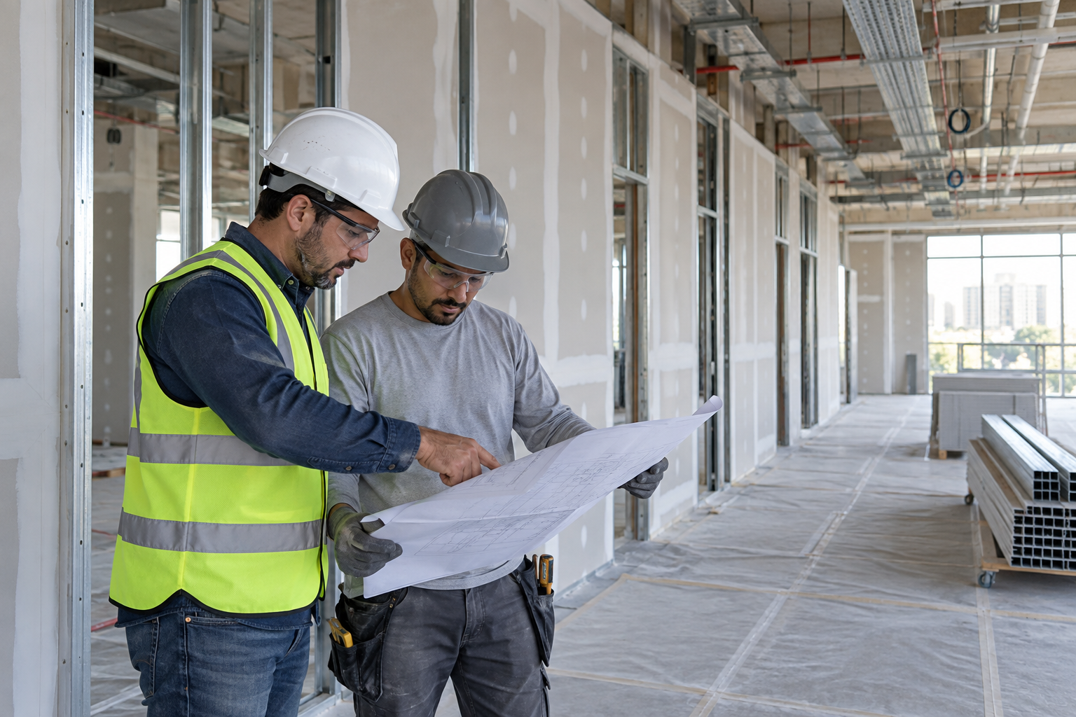 Profissionais analisando o projeto de drywall em uma obra comercial