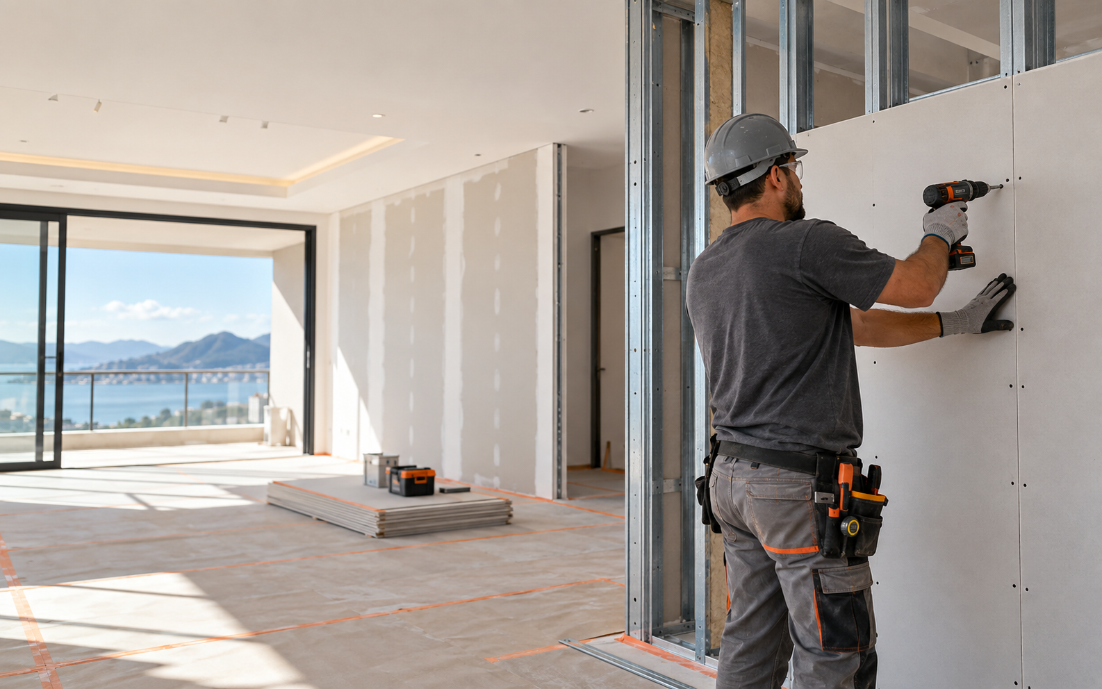 Profissional instalando uma parede de drywall em apartamento