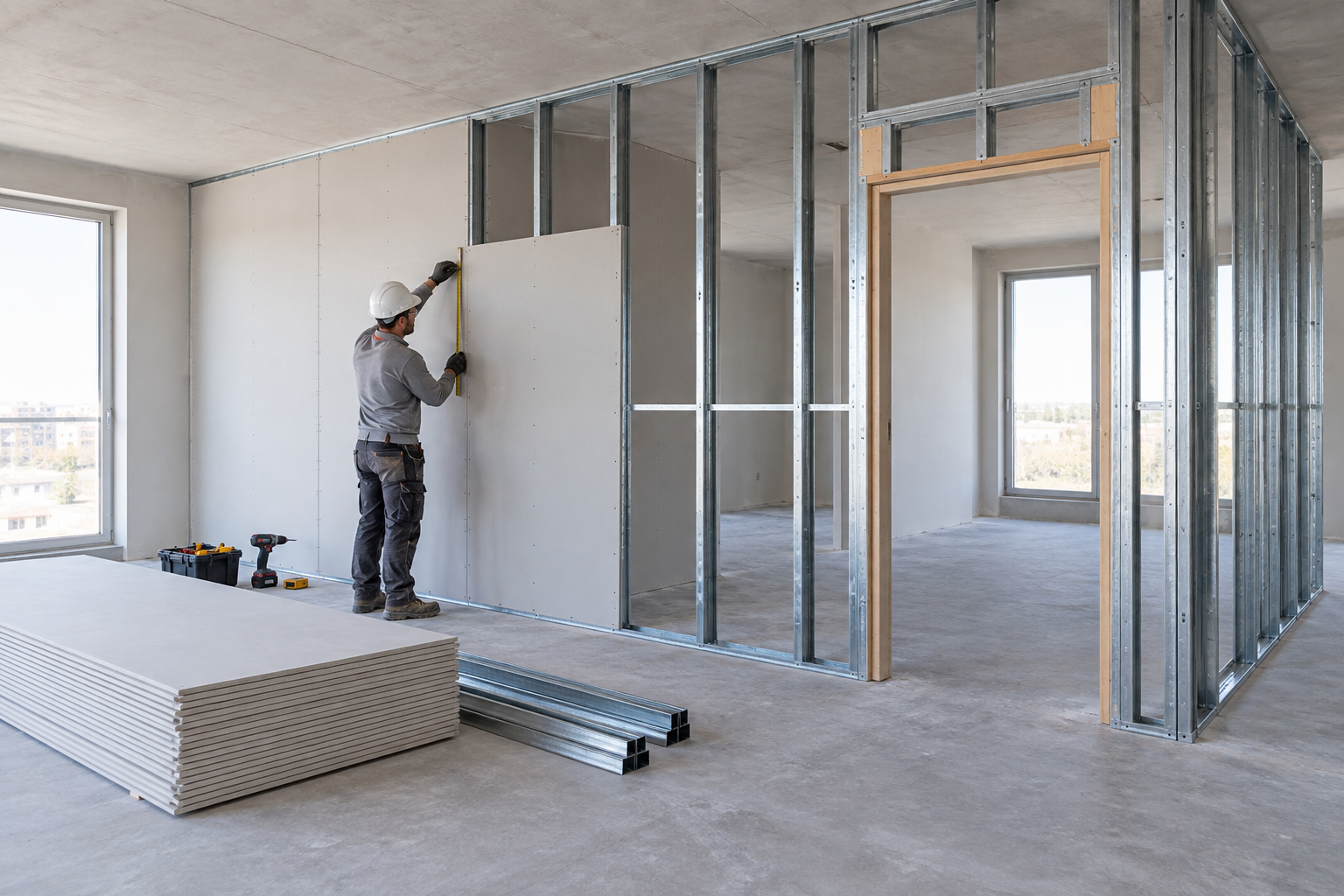 Montagem de parede de drywall em imóvel vazio