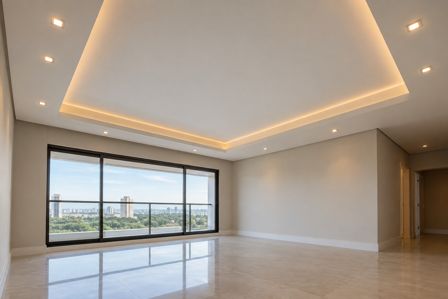 Forro rebaixado em drywall com iluminação embutida