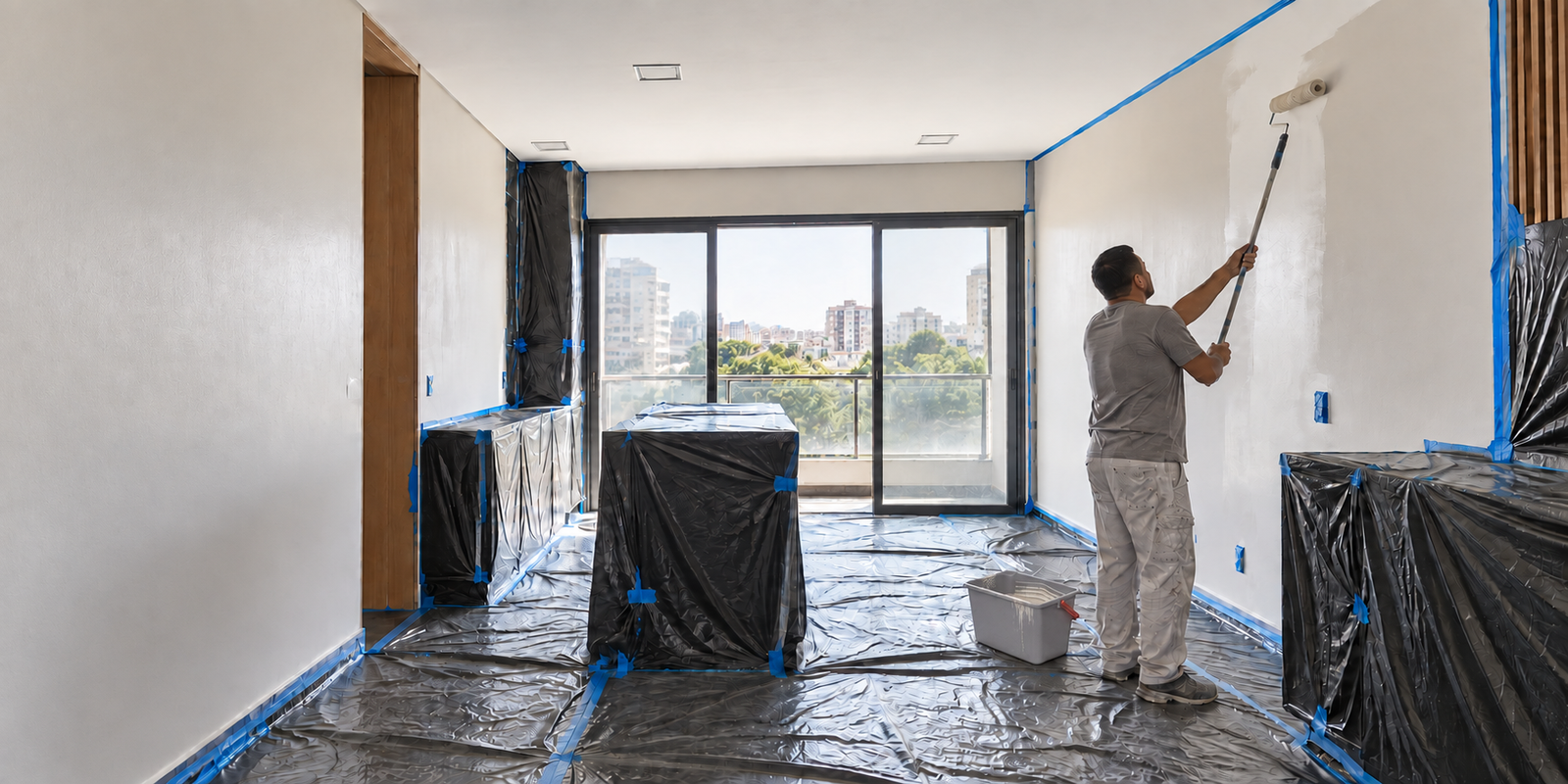 Pintor trabalhando em apartamento com piso e móveis totalmente protegidos