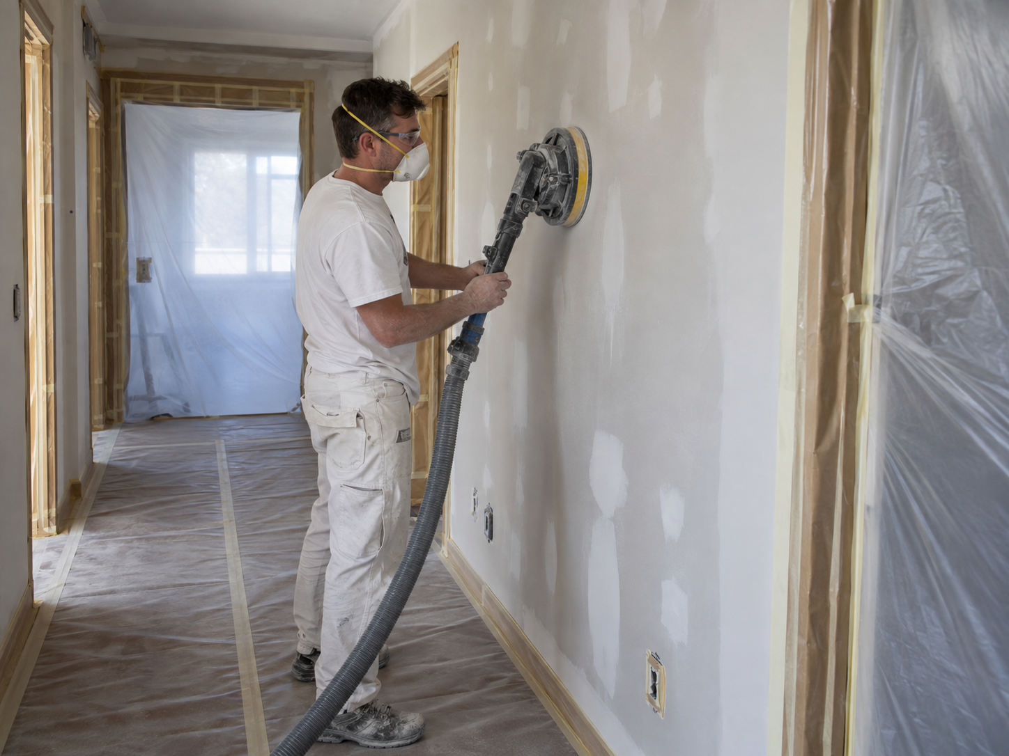 Pintor preparando uma parede com lixadeira e sistema de extração de pó