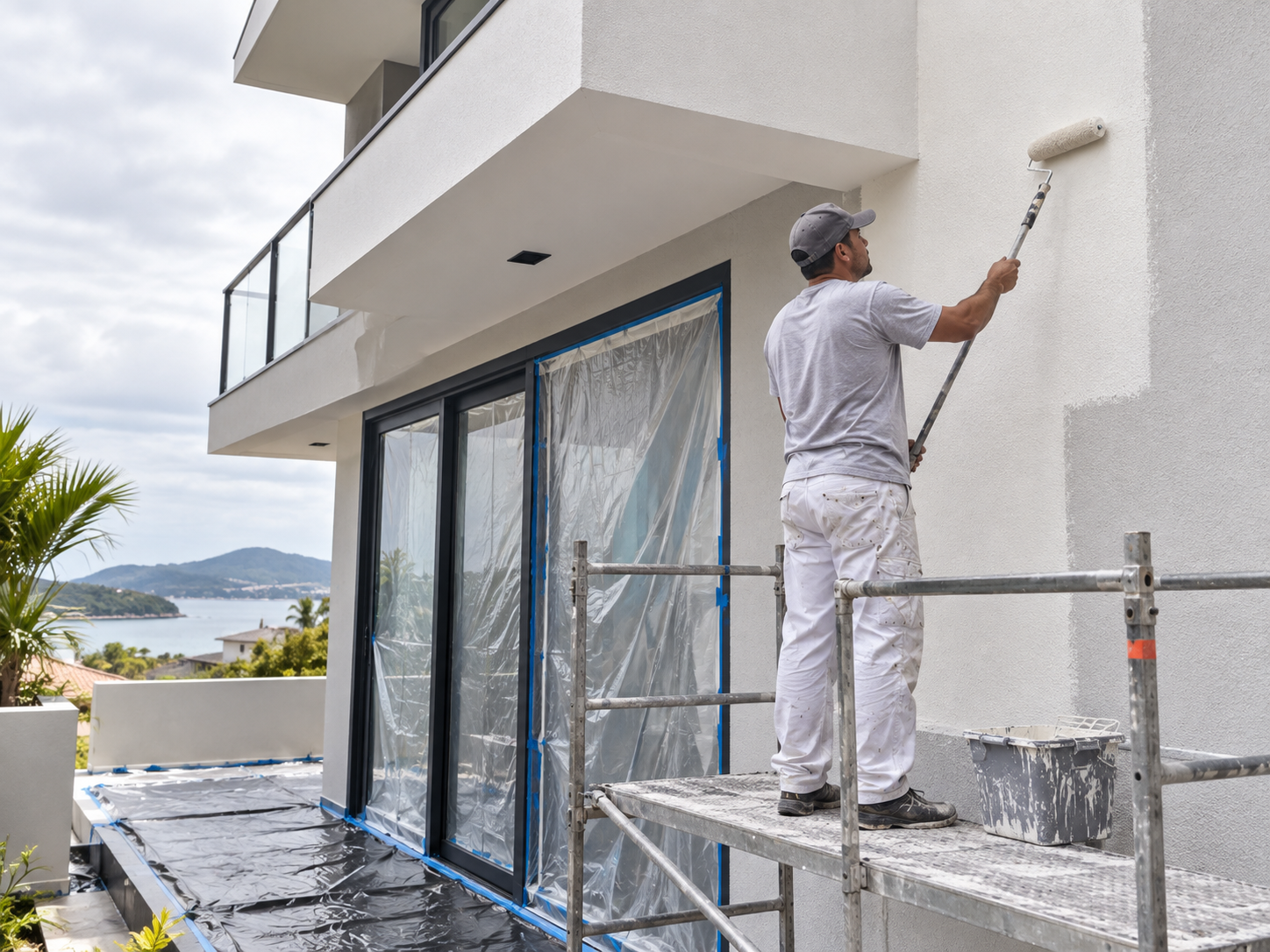 Pintor aplicando tinta em fachada residencial