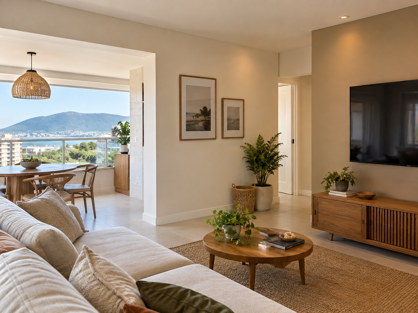Sala residencial finalizada com pintura em tons claros e acolhedores