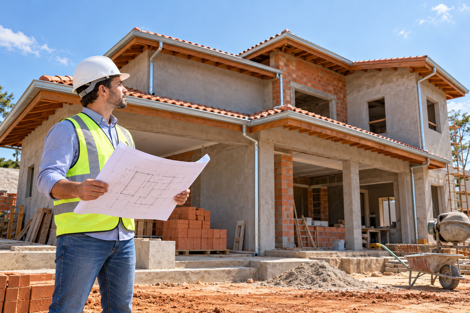 Profissional da construção analisando o projeto diante de uma residência em execução