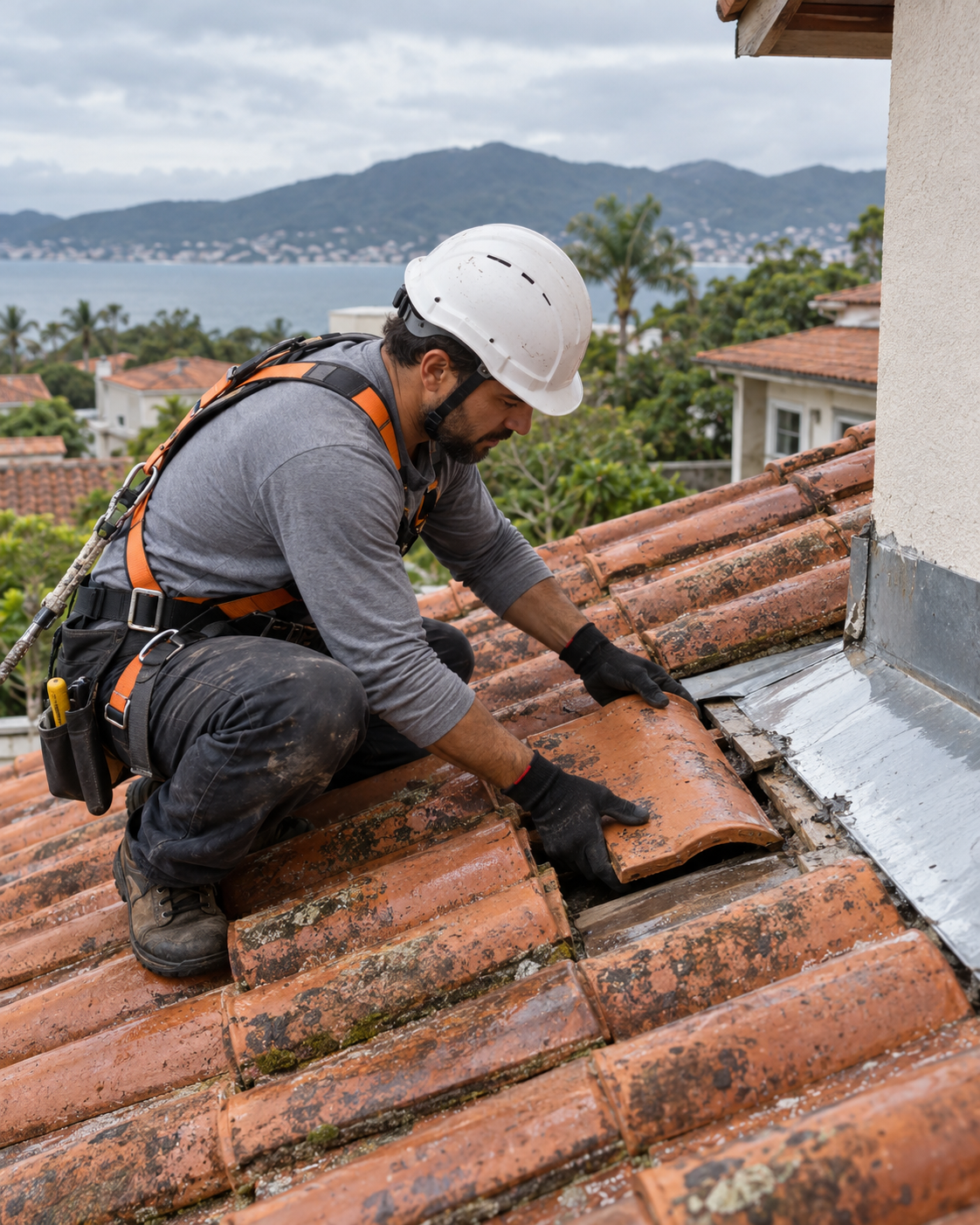 Profissional corrigindo um ponto danificado em telhado residencial