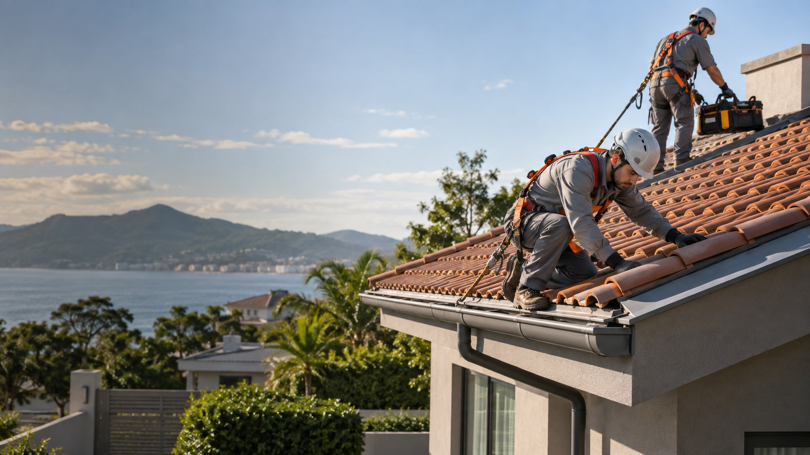 Profissional realizando manutenção em telhado residencial