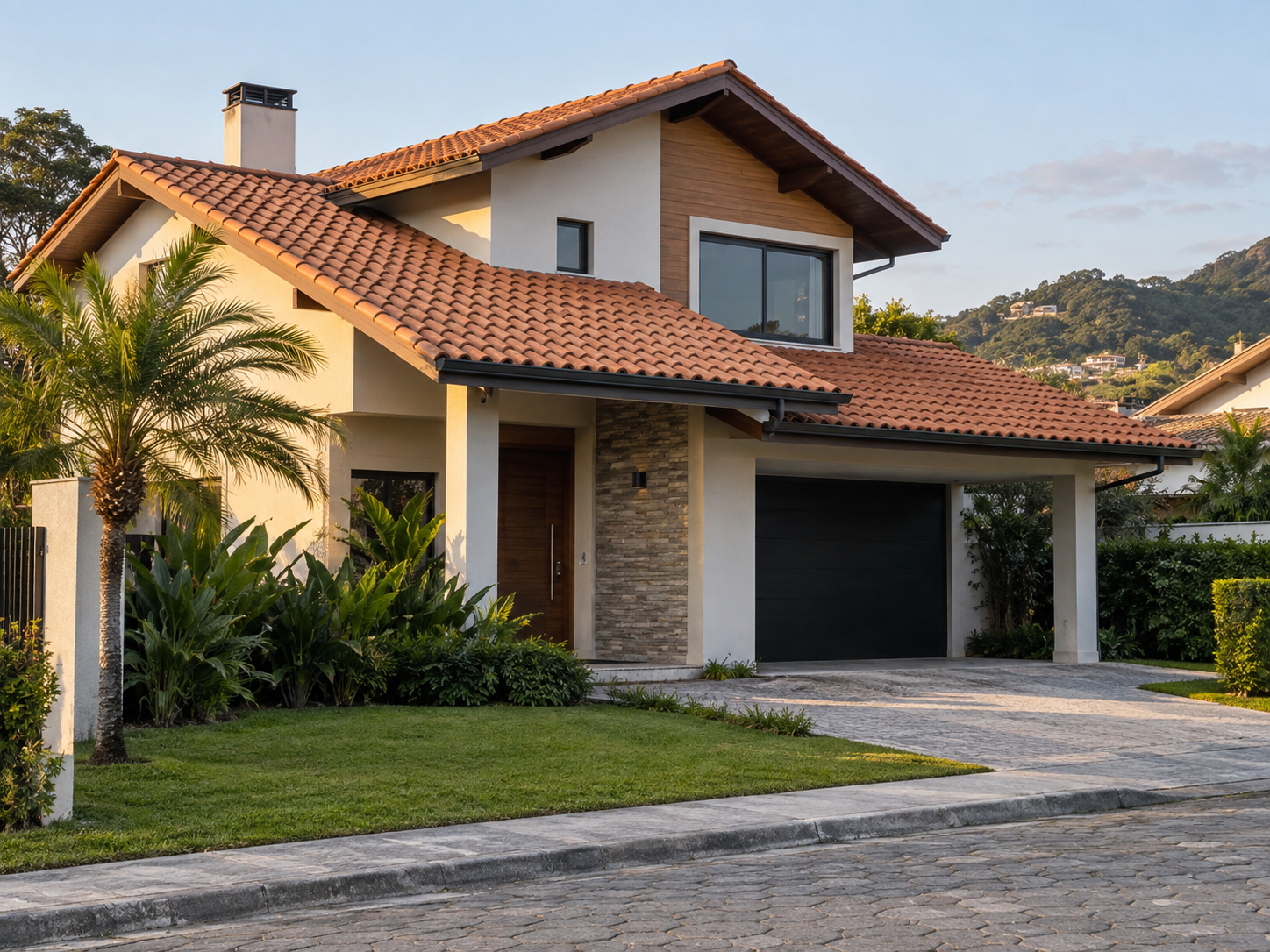 Casa com telhado aparente e telhas cerâmicas