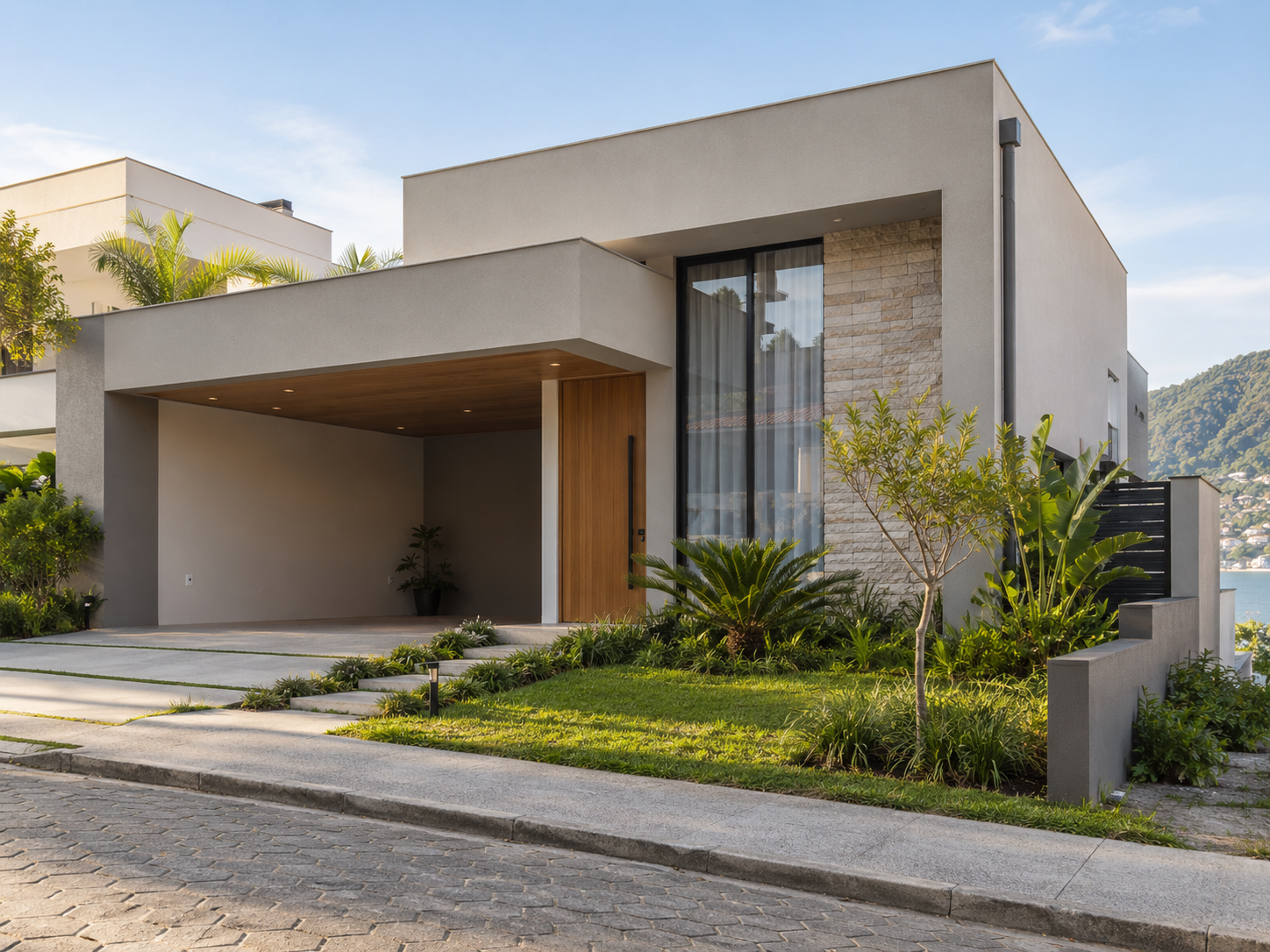 Residência contemporânea com o telhado totalmente oculto por platibandas